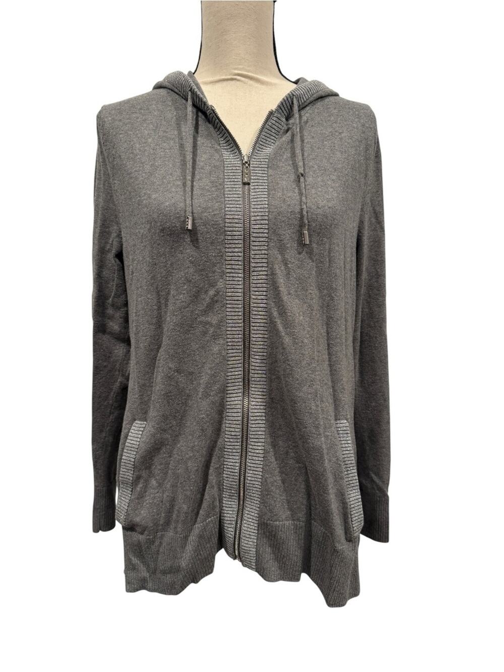 Zenergy by Chico's Grey Zip-Front Hooded Cardigan with Silver Accents Medium